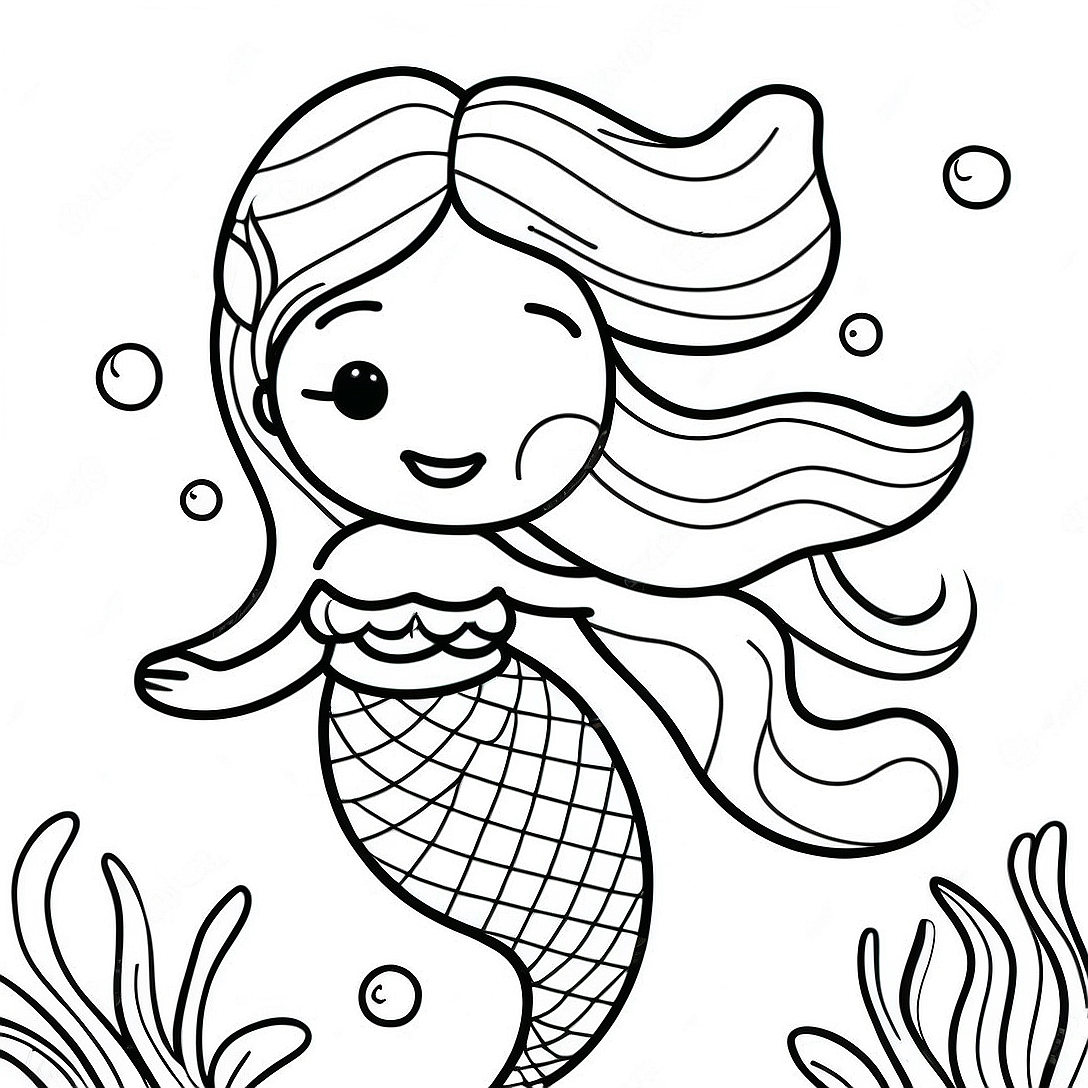 Elegant Black Mermaid with Flowing Hair Coloring Page | Black Mermaid coloring page