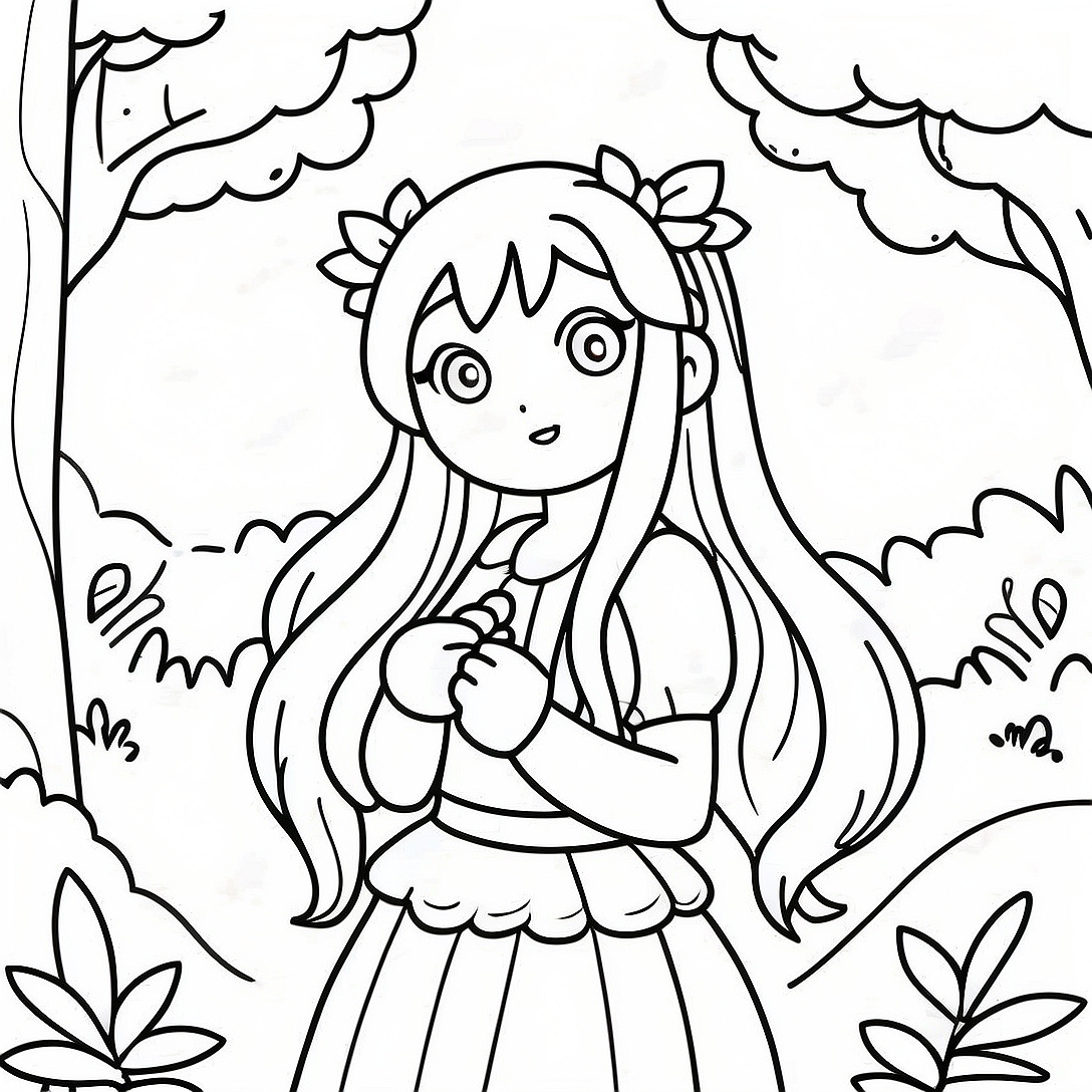 Cute Long Hair Anime Girl in a Fantasy Forest Coloring Page | Long Hair Anime Girl coloring page