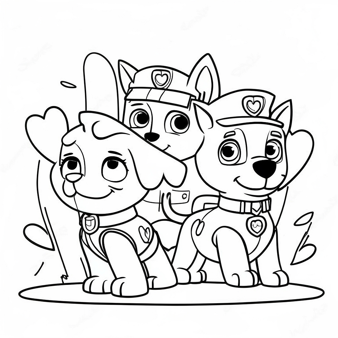 Cute Paw Patrol Characters with Hearts Coloring Page | Paw Patrol Valentines Day coloring page