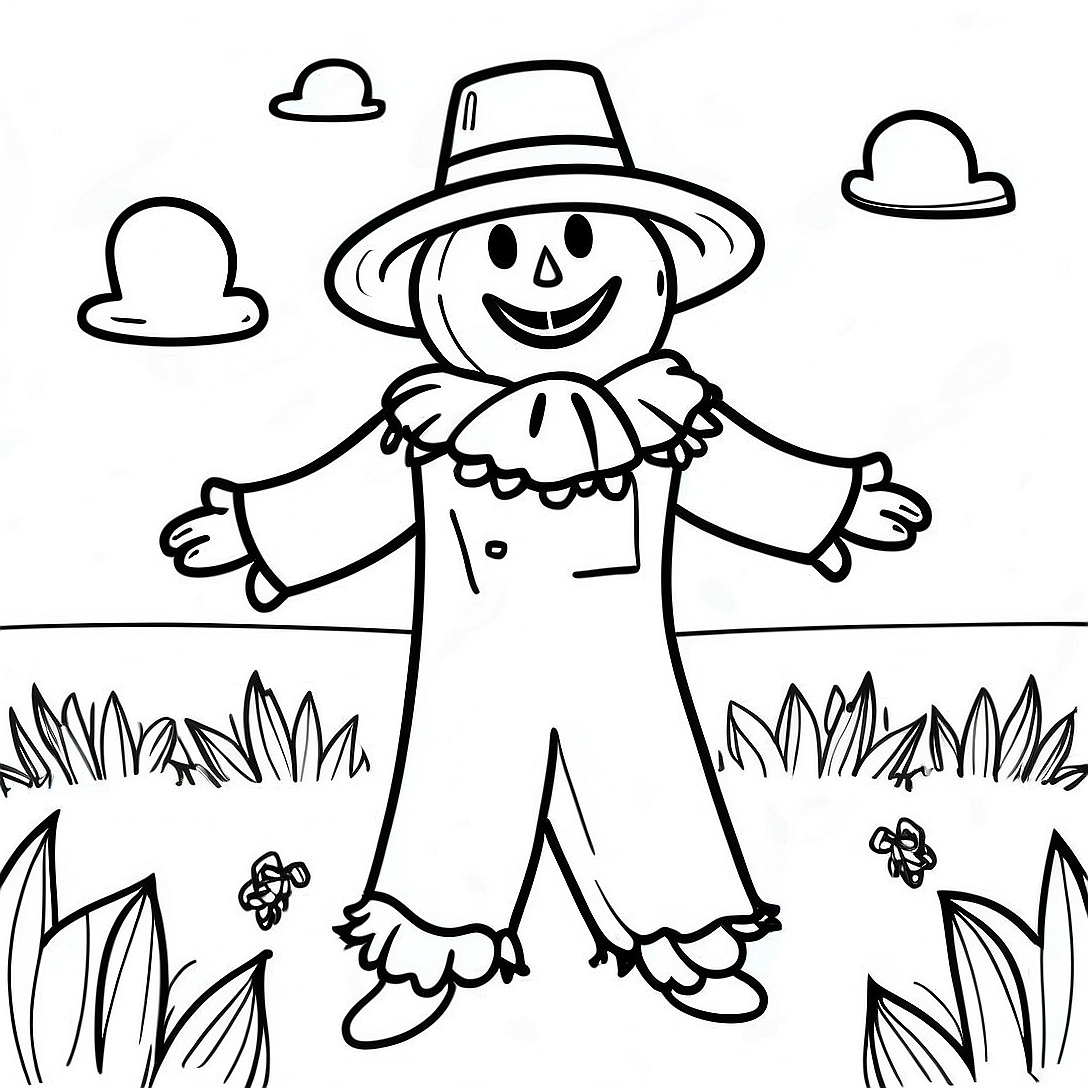 Funny Scarecrow in the Field Coloring Page | Scarecrow coloring page