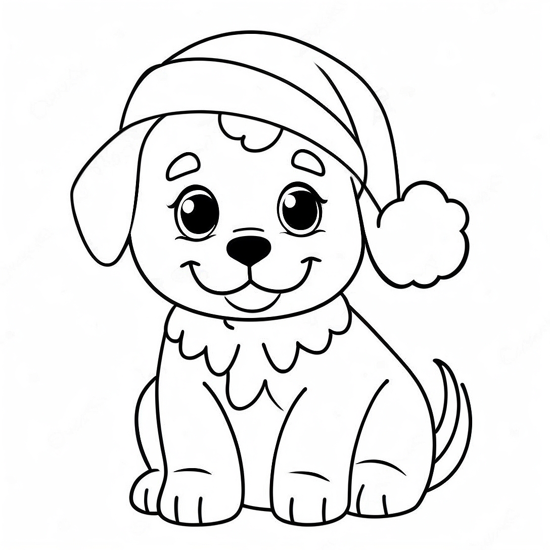 Adorable Christmas Puppy with Santa Hat Coloring Page | Christmas Puppy coloring page