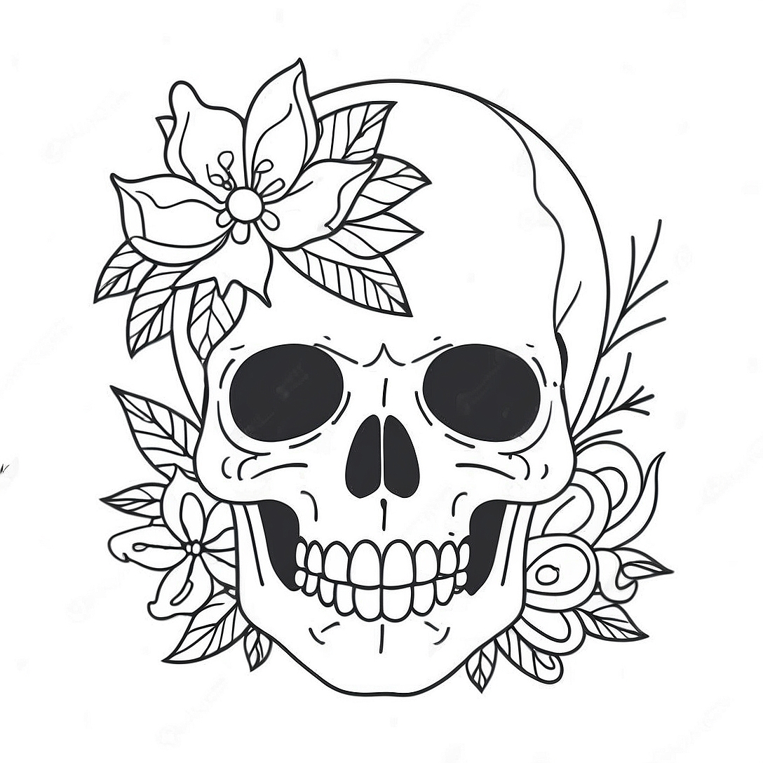 Creepy Skull with Flowers Coloring Page | Scary Skull coloring page