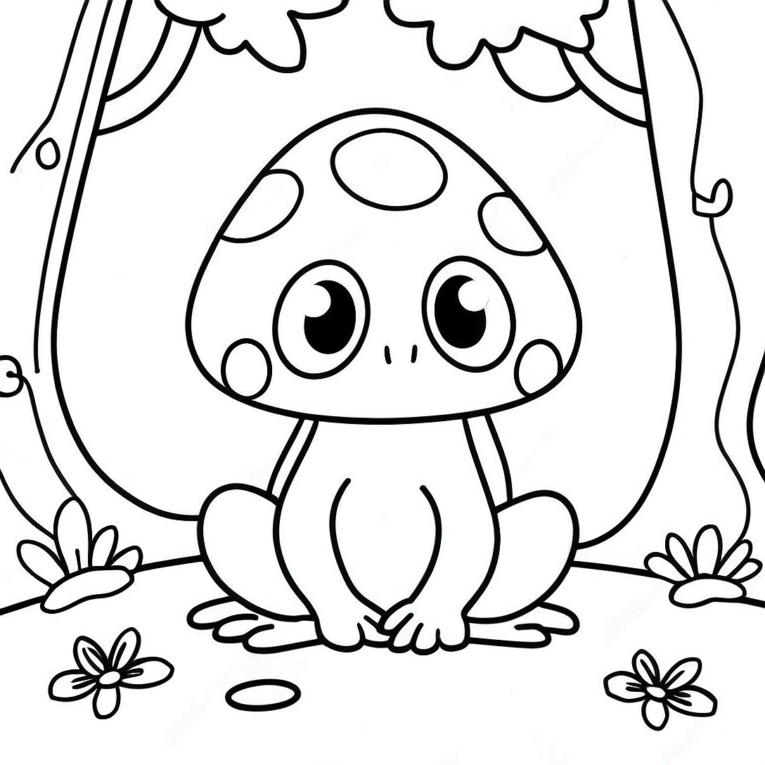 Adorable Mushroom Frog in a Forest Coloring Page | Cute Mushroom Frog coloring page