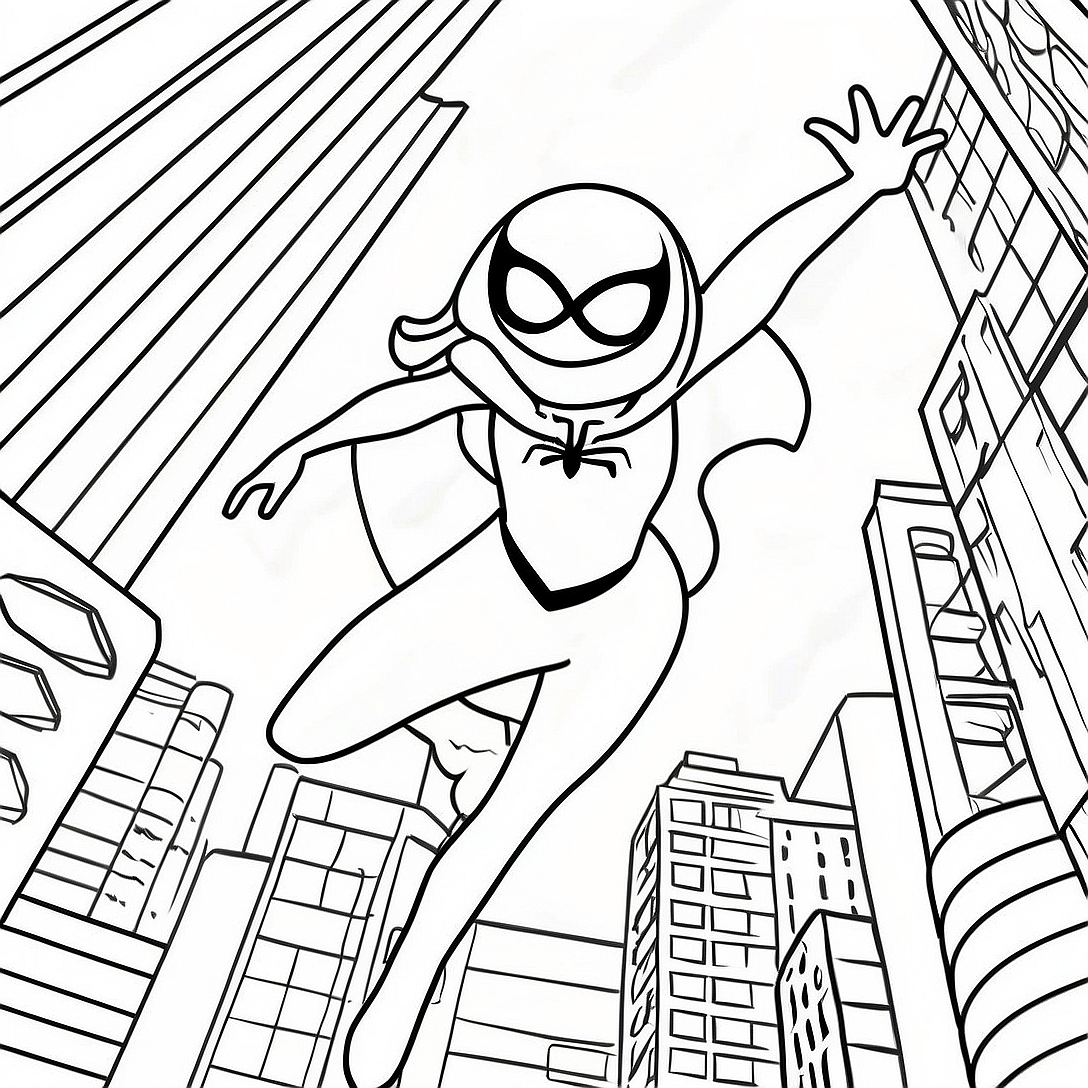 Spider Gwen Swinging Through City Coloring Page | Spider Gwen coloring page
