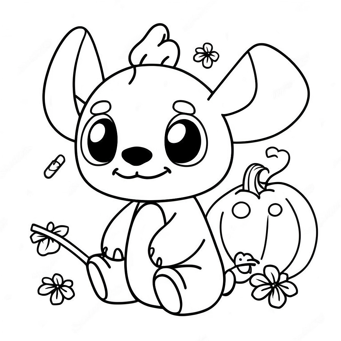 Cute Halloween Stitch with Pumpkin Coloring Page | Halloween Stitch coloring page