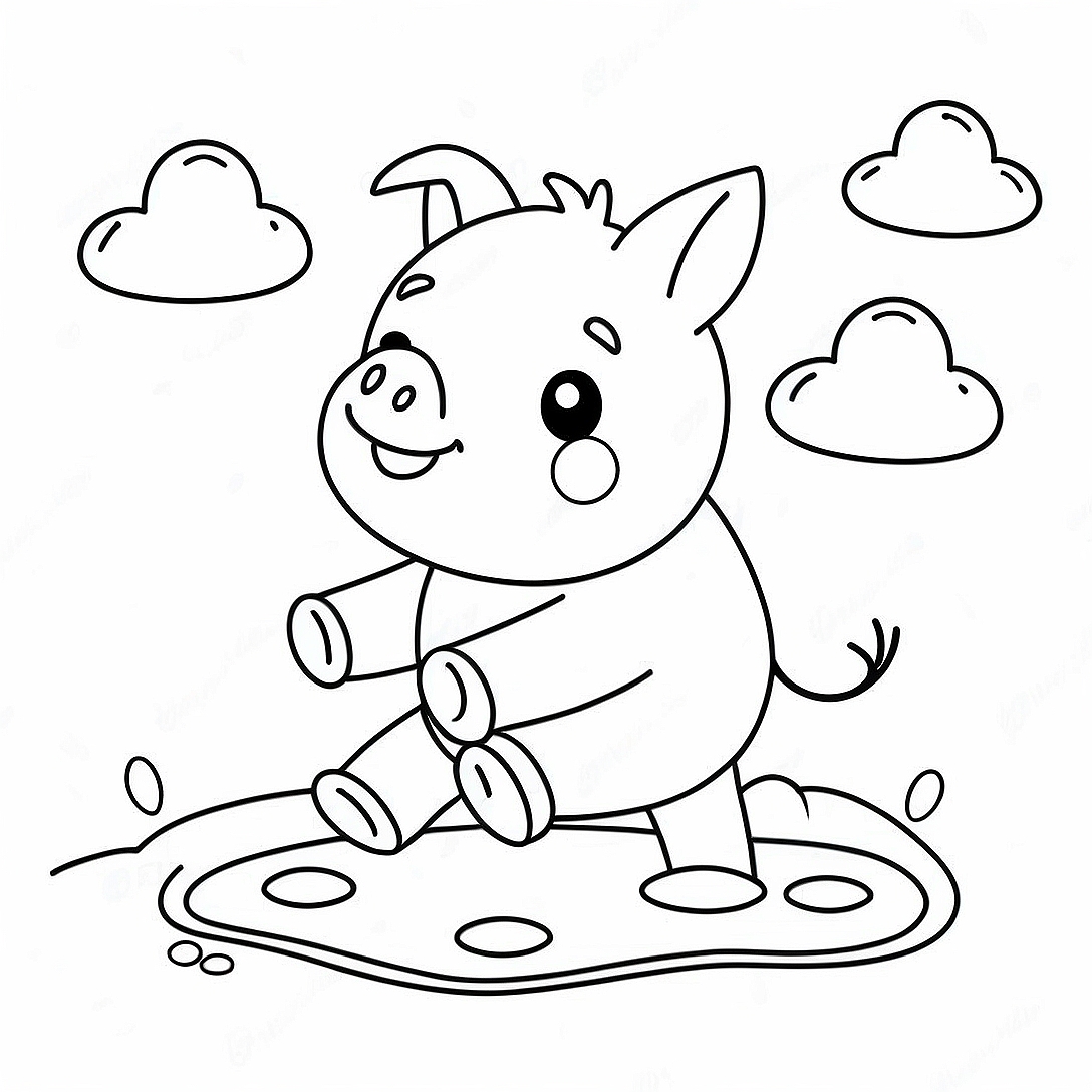 Adorable Kawaii Pig Playing in Mud Coloring Page | Kawaii Cute Pig coloring page