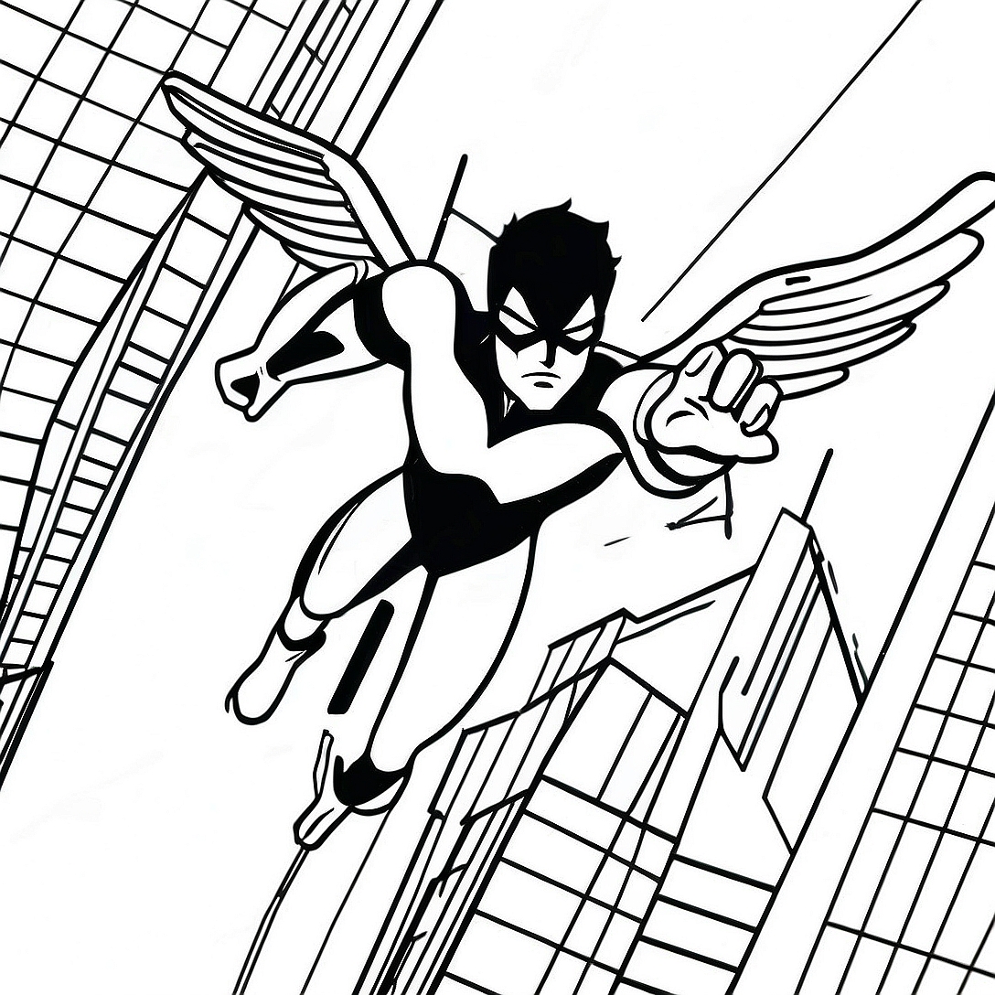 Nightwing Flying Through the City Coloring Page | Nightwing coloring page
