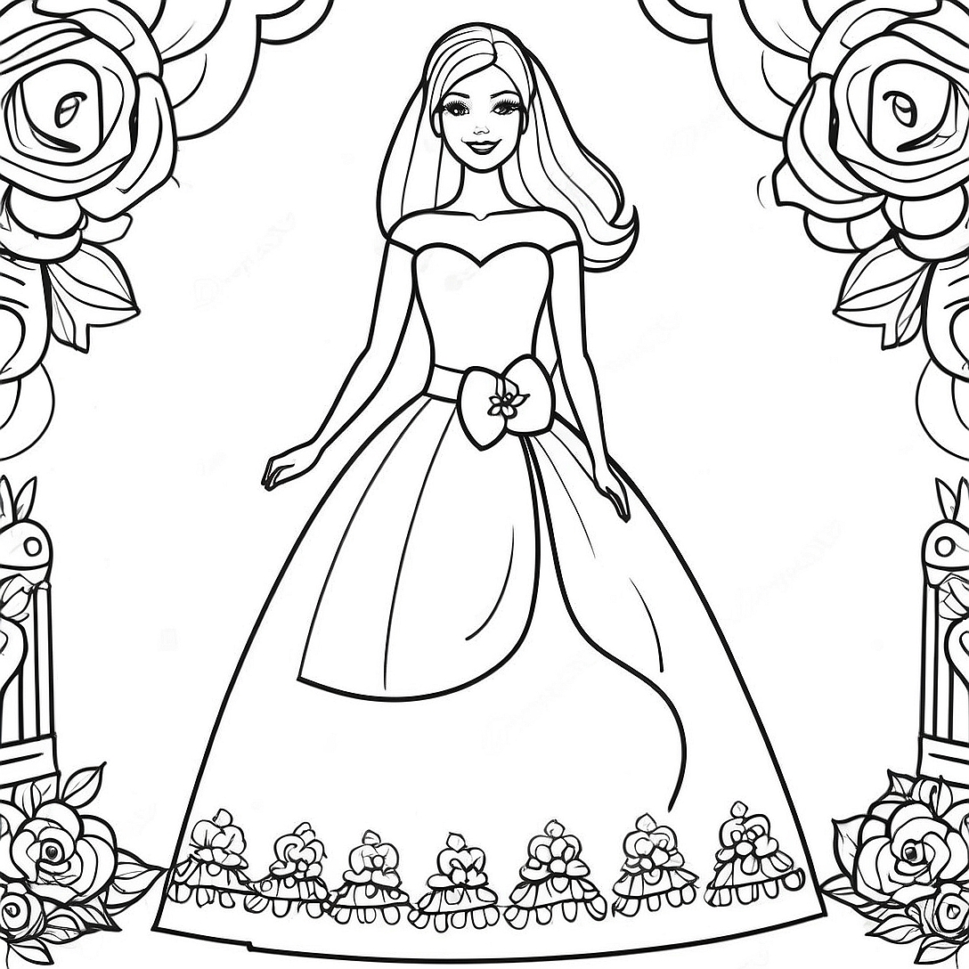Wedding Barbie in a Beautiful Dress Coloring Page | Wedding Barbie coloring page