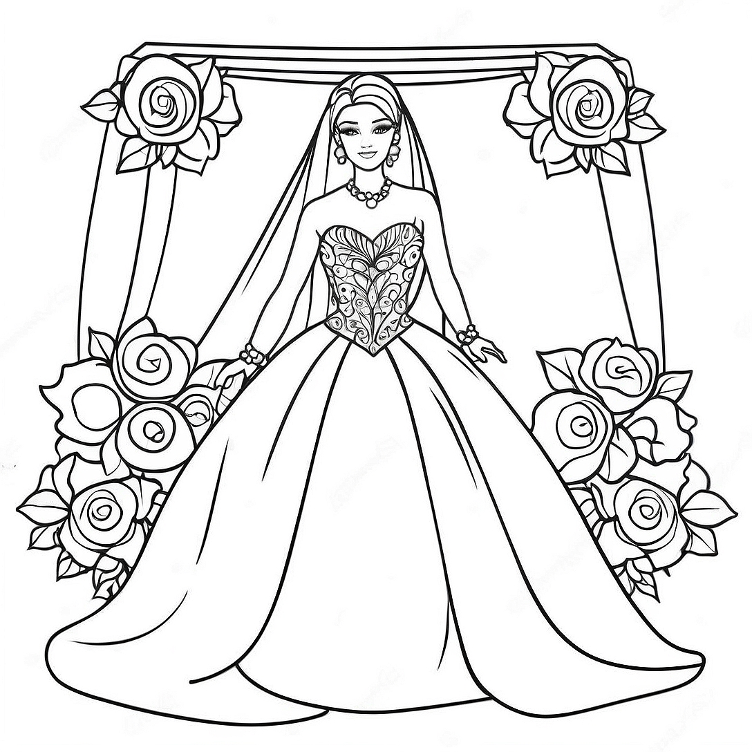 Elegant Wedding Barbie with Flowers Coloring Page | Wedding Barbie coloring page