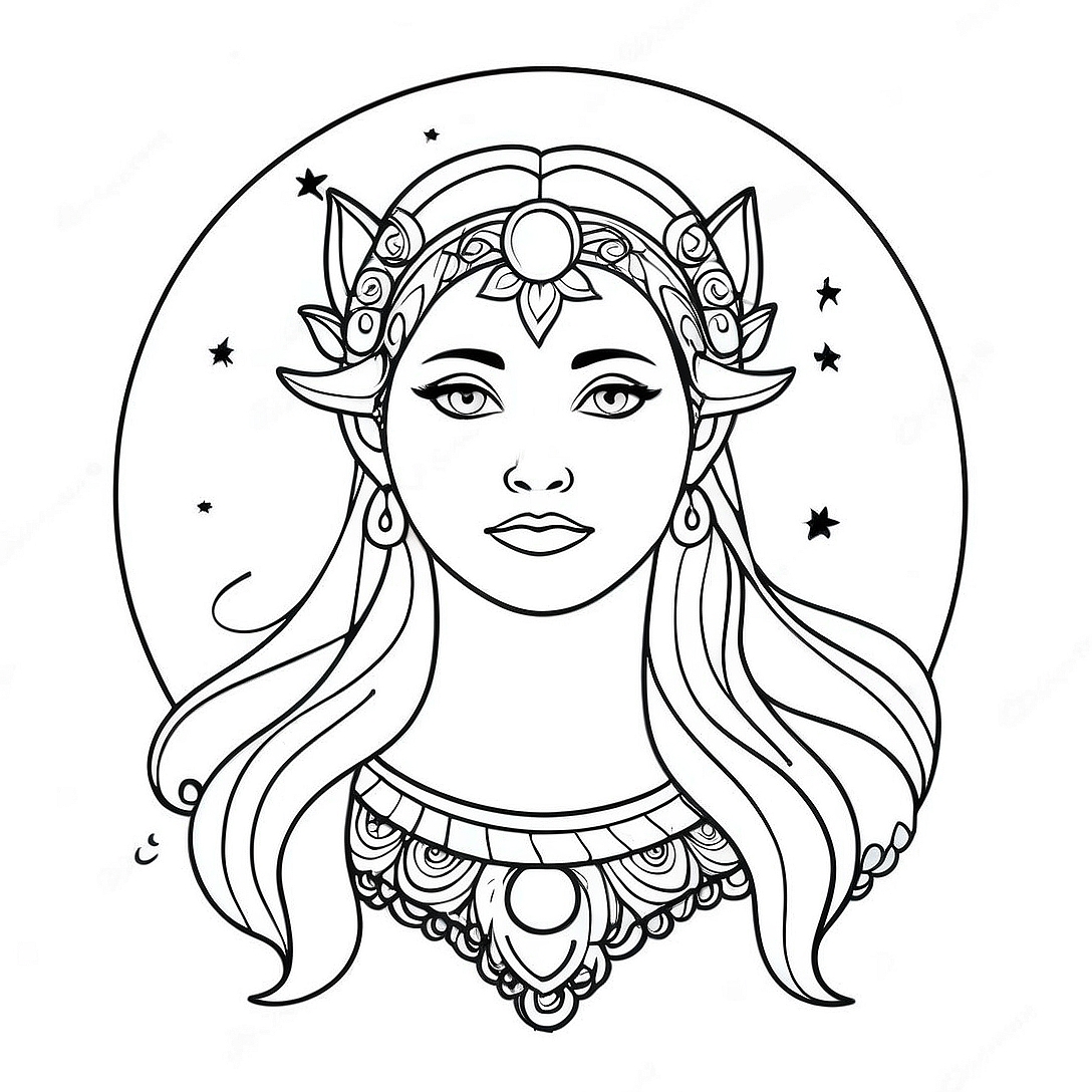 Mystical Moon Goddess Under Stars Coloring Page | Moon Goddess coloring page
