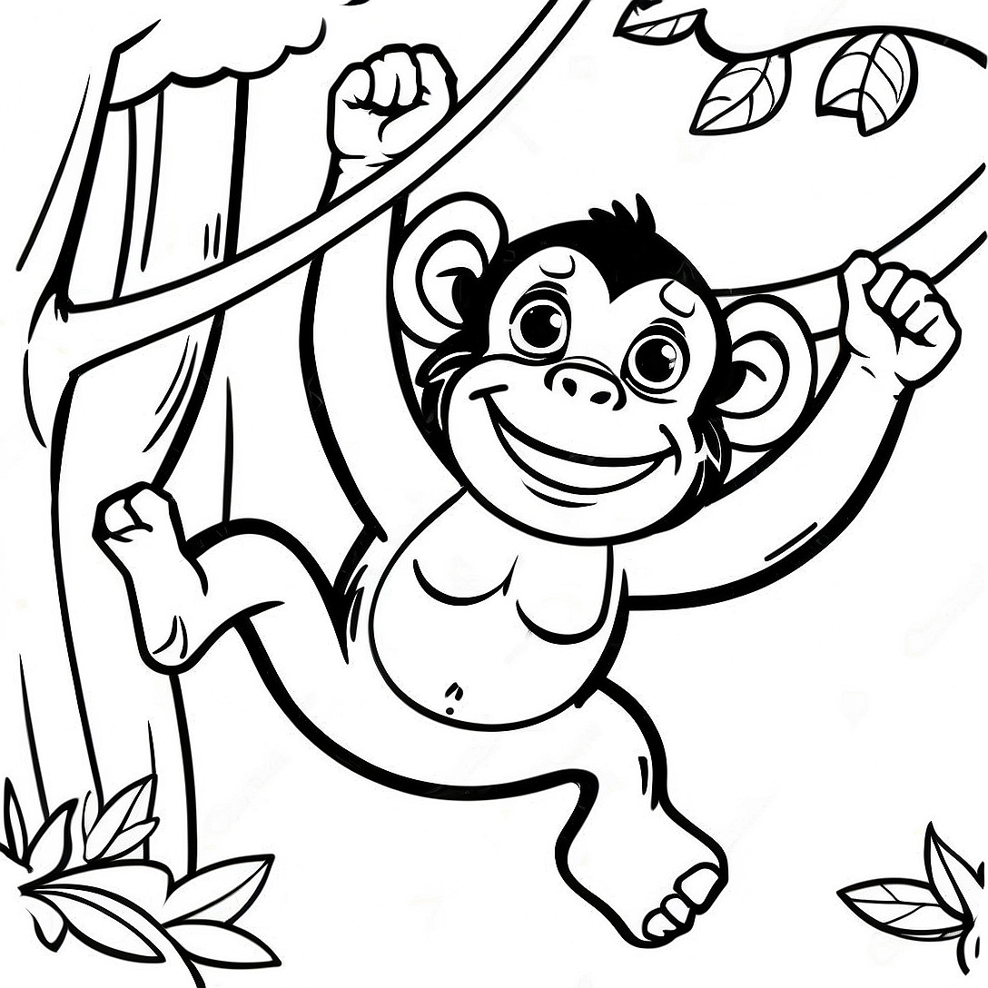 Playful Chimpanzee Swinging in Trees Coloring Page | Chimpanzee coloring page