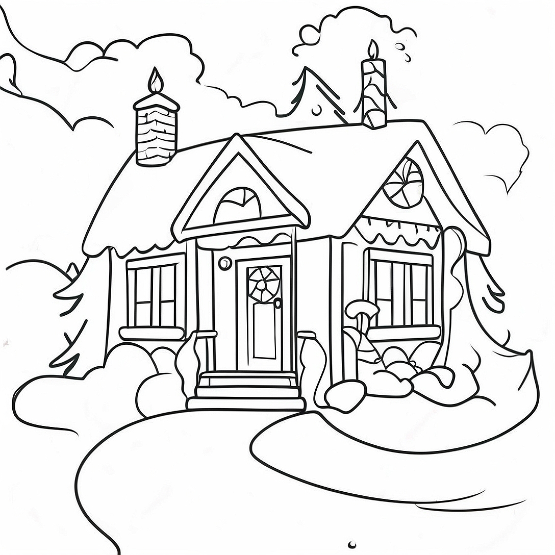 Cozy Christmas Cottage Coloring Page | Christmas House coloring page