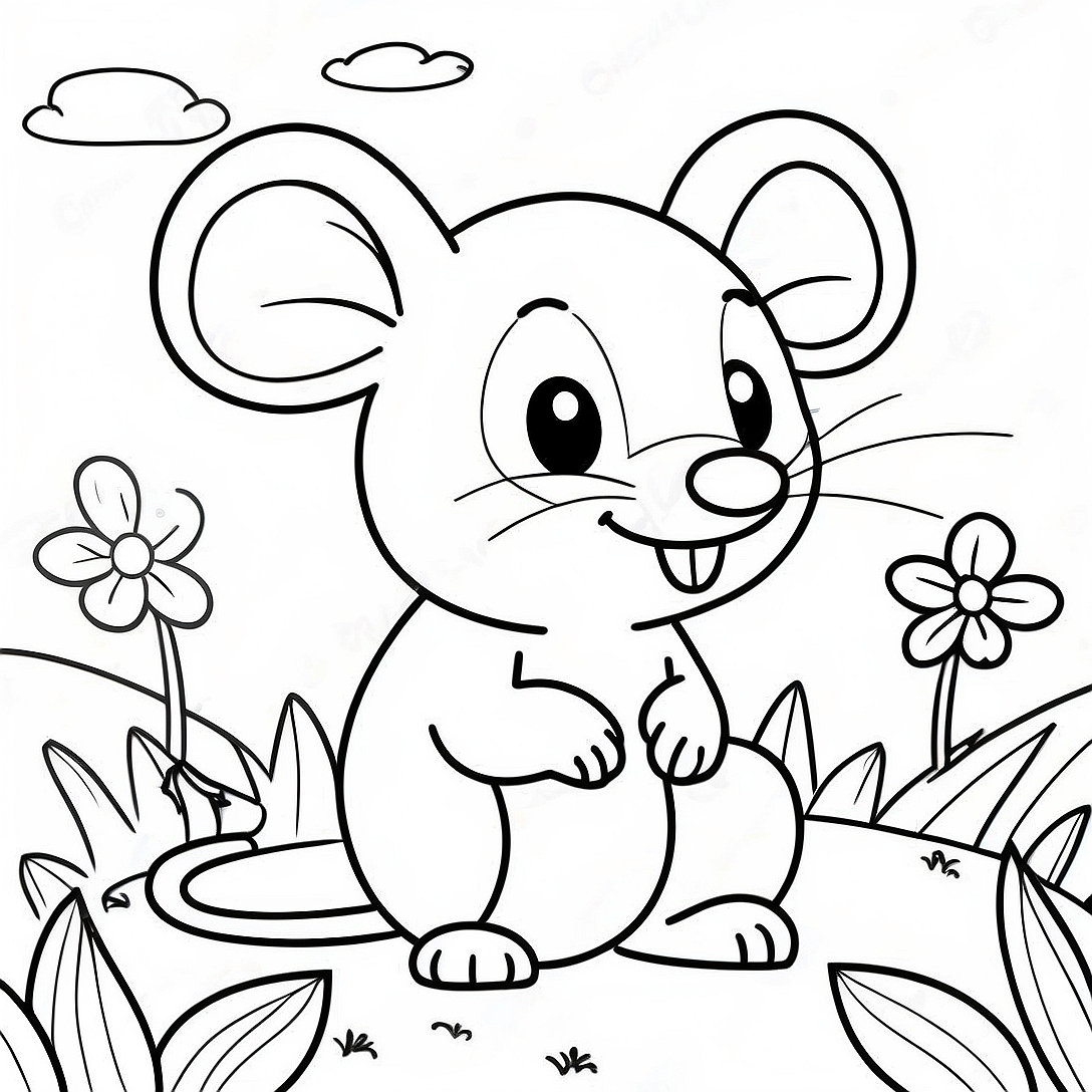 Adorable Mouse in a Flower Field Coloring Page | Cute Mouse coloring page