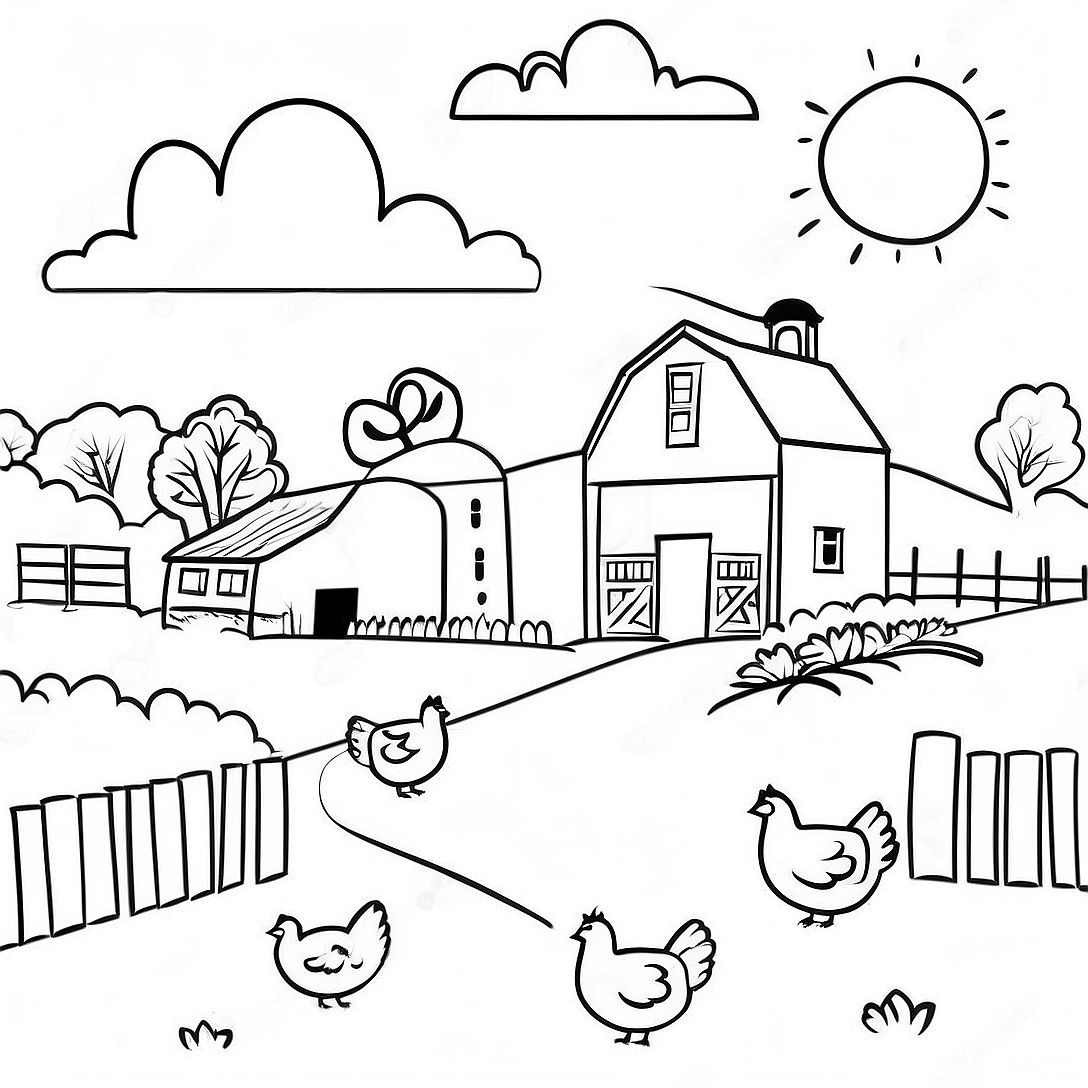 Realistic Farm Landscape Coloring Page | Realistic Farm for Adults coloring page