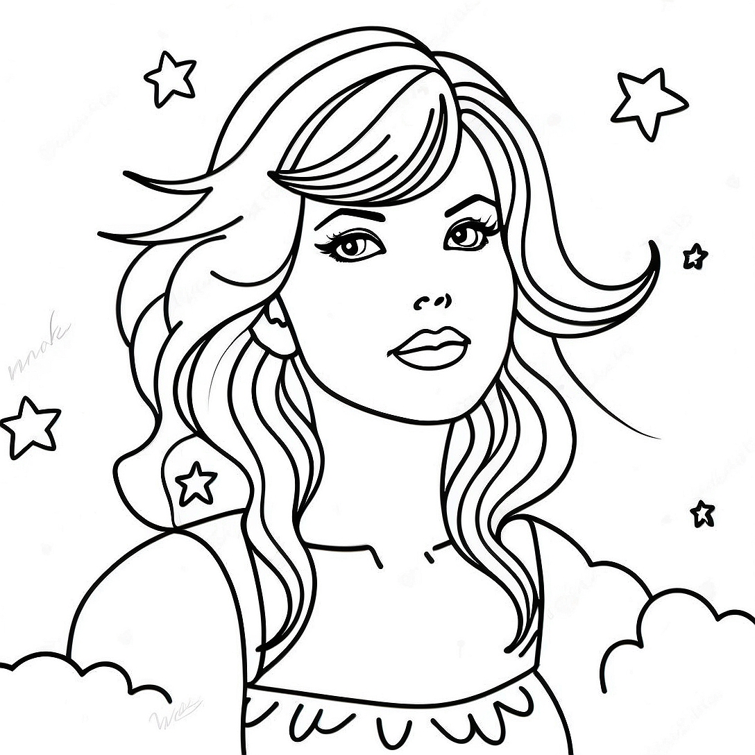 Taylor Swift in Dreamy Night Sky Coloring Page | Taylor Swift Midnights coloring page