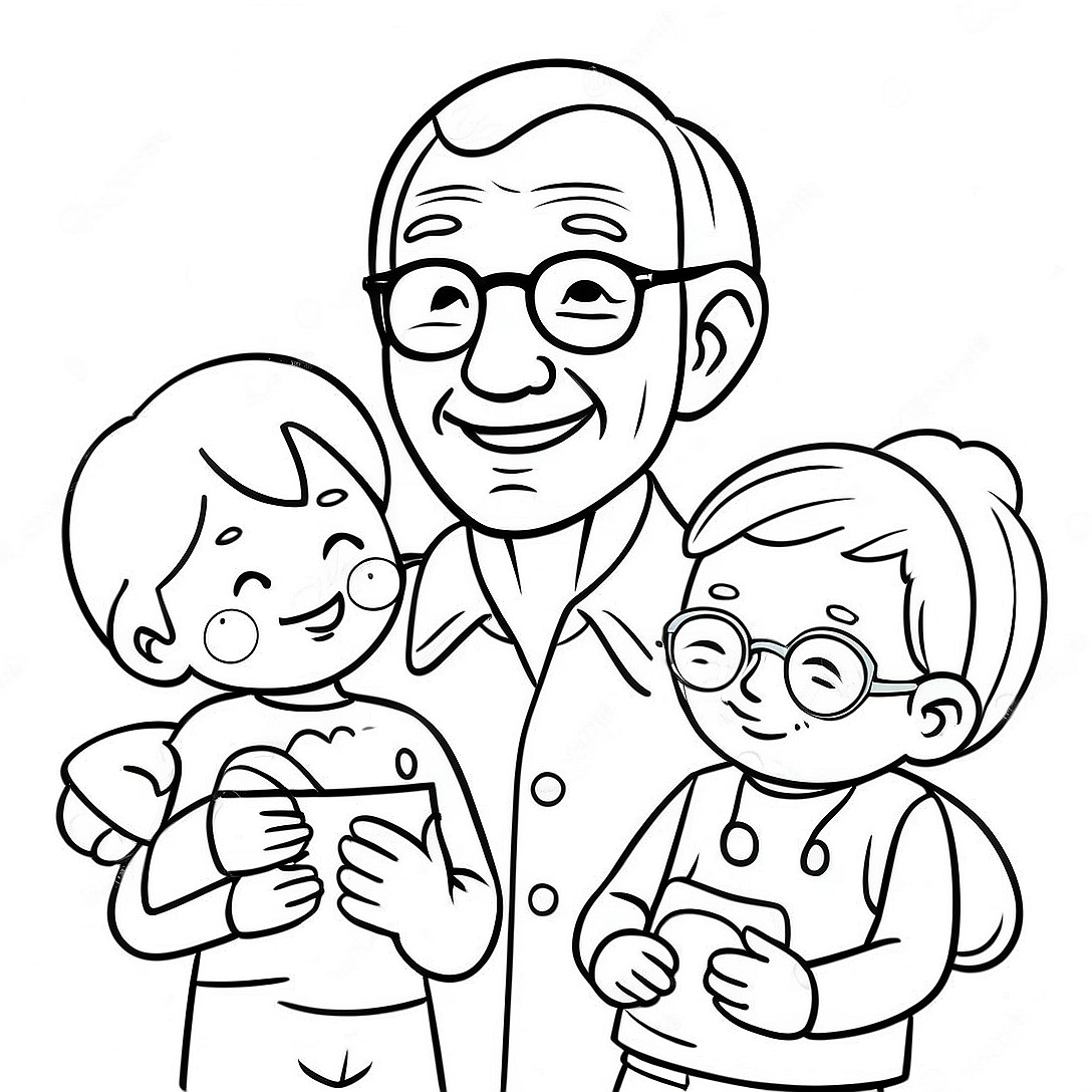 Cheerful Grandpa with Grandkids Coloring Page | Happy Fathers Day Grandpa coloring page