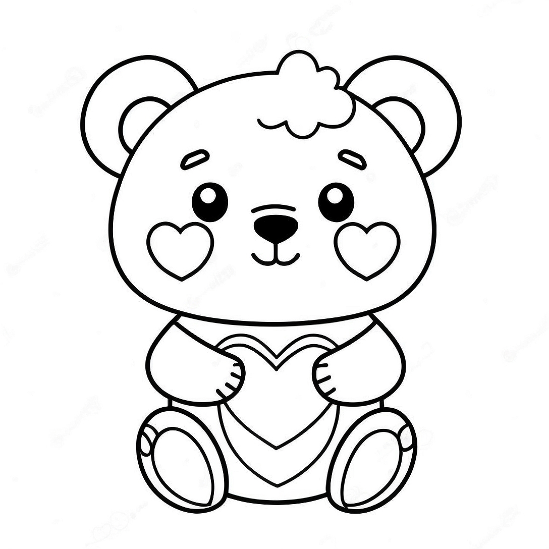 Cute Kawaii Bear with Heart Coloring Page | Kawaii Bear coloring page