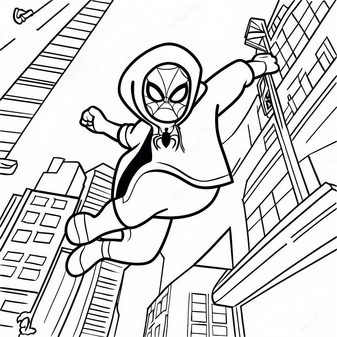 Miles Morales Swinging Through City Coloring Page | Miles Morales Spiderman coloring page