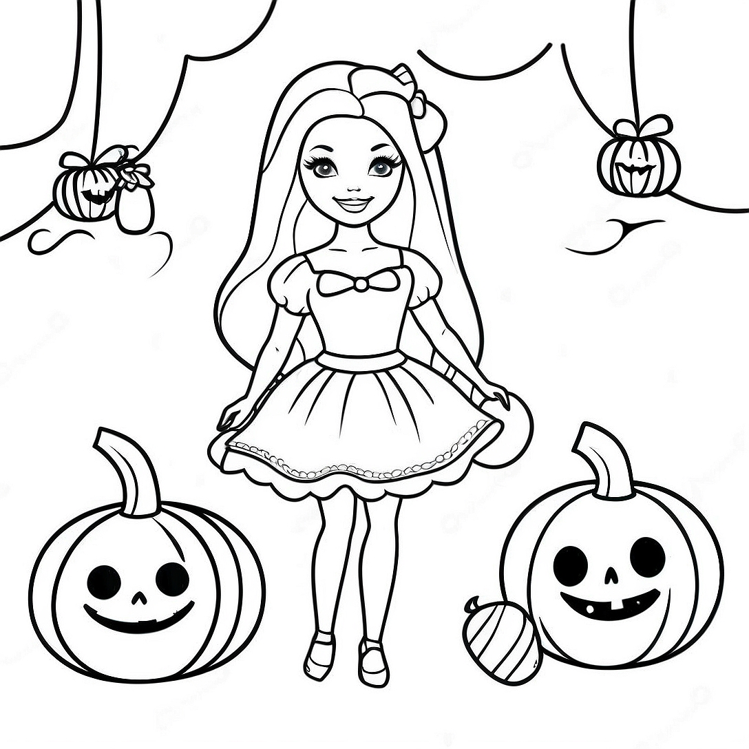 Spooky Halloween Barbie with Pumpkins Coloring Page | Halloween Barbie coloring page