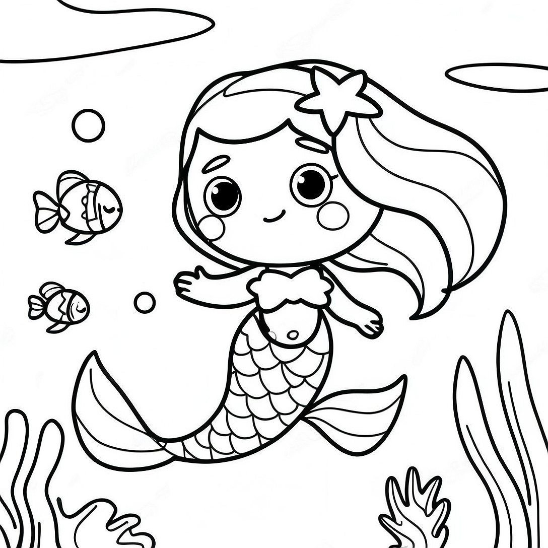 Cute Mermaid Underwater Scene Coloring Page | Cute Mermaid coloring page