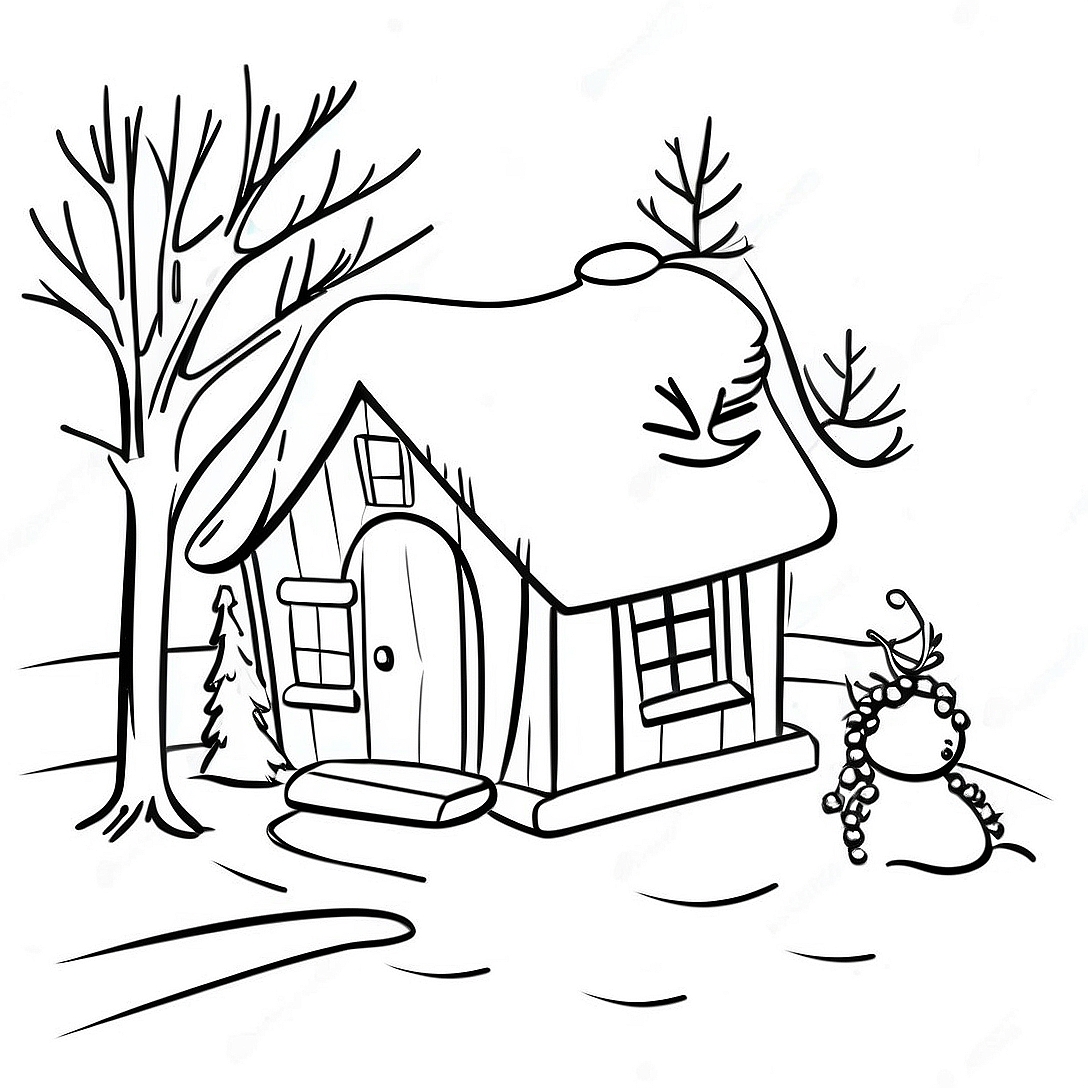 Cozy Winter Cabin with Snowman Coloring Page | Let It Snow coloring page