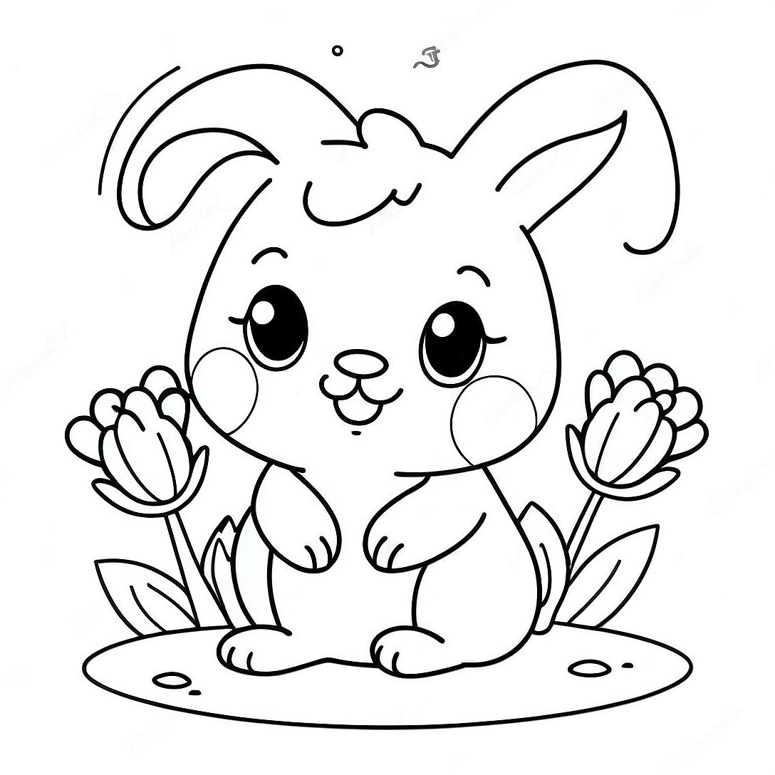 Cute Baby Bunny with Flowers Coloring Page | Realistic Bunny coloring page