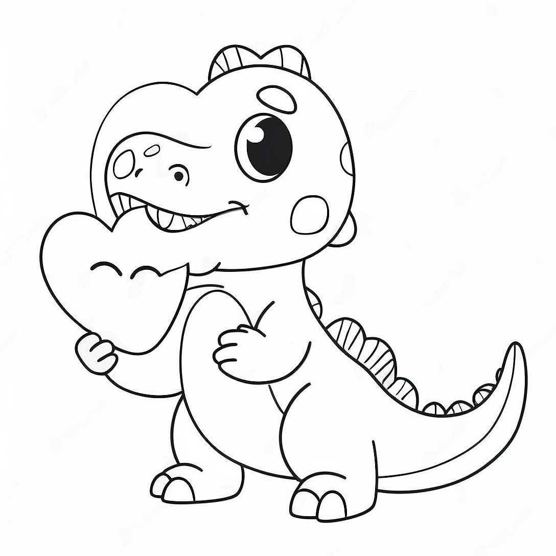 Cute Dinosaur Holding Heart Coloring Page | Dinosaur Valentines coloring page