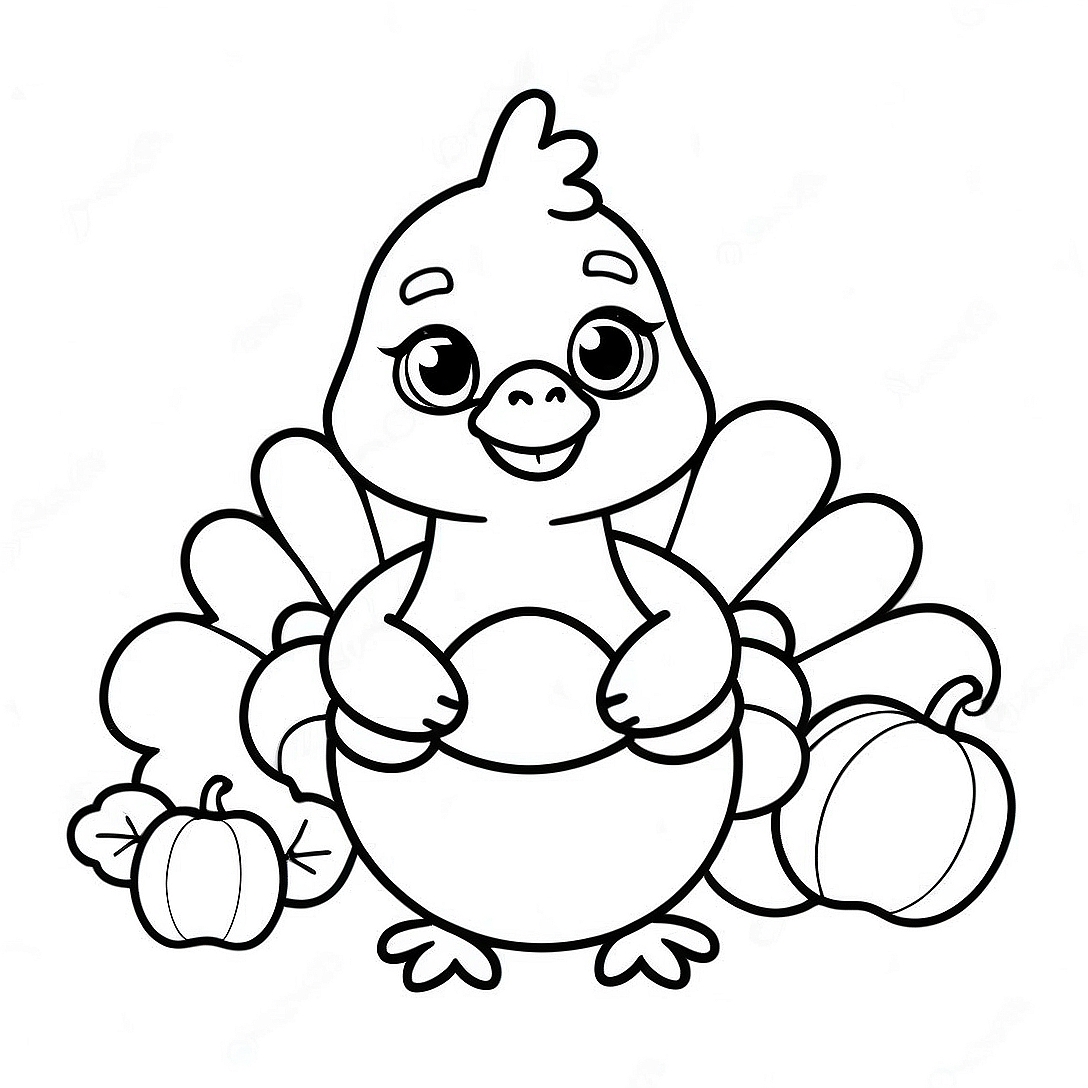 Cute Baby Turkey with Pumpkin Coloring Page | Baby Turkey coloring page