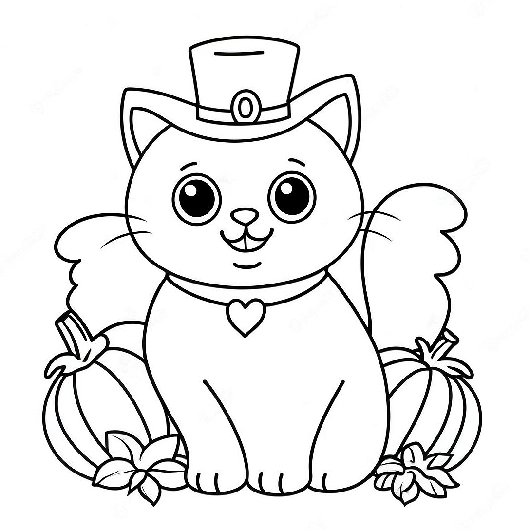Cute Thanksgiving Cat with Pumpkin Coloring Page | Thanksgiving Cat coloring page