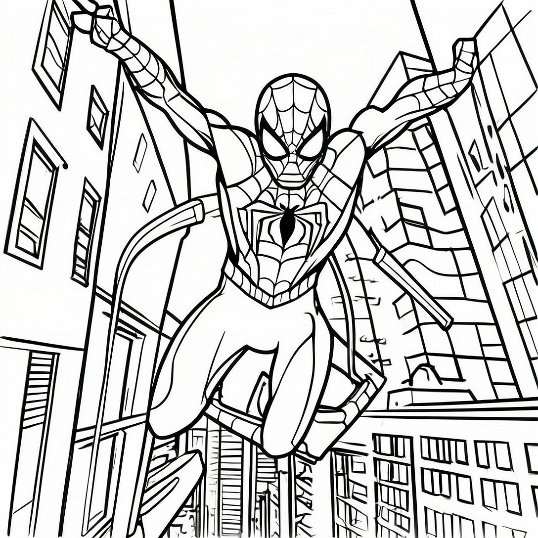 Iron Spider Swinging Through City Coloring Page | Iron Spider coloring page