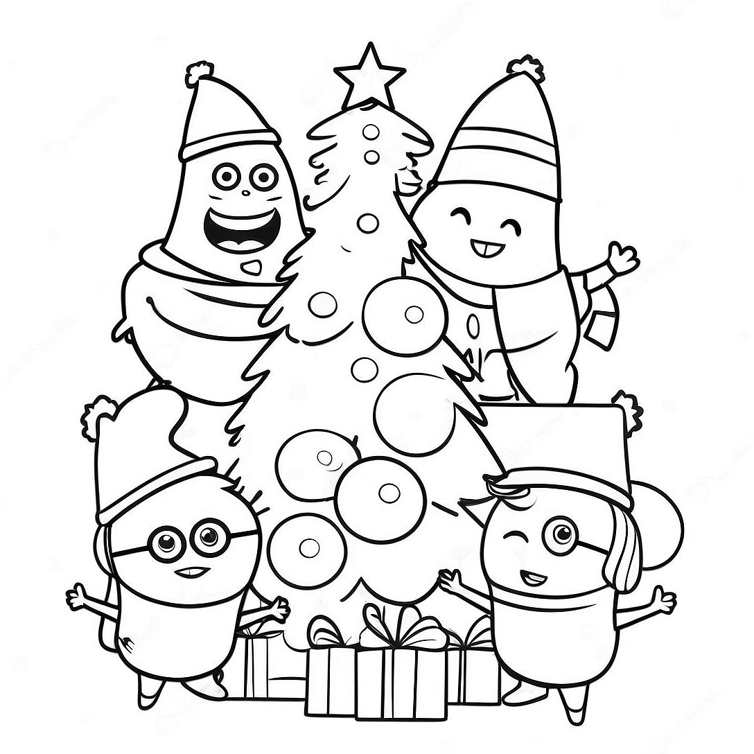 Festive Minions Decorating a Tree Coloring Page | Minions Christmas coloring page