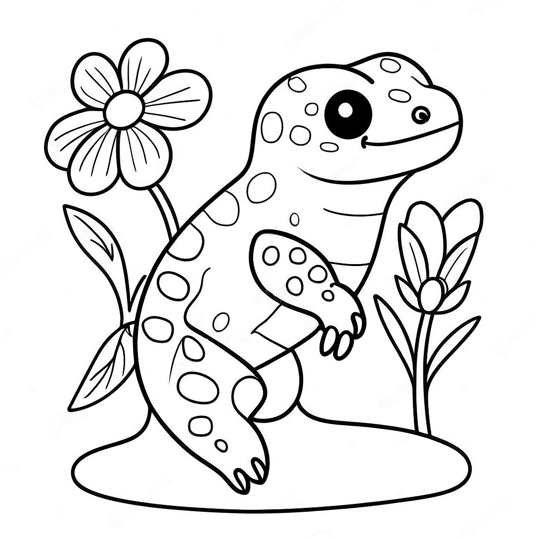 Cute Leopard Gecko with Flowers Coloring Page | Leopard Gecko coloring page