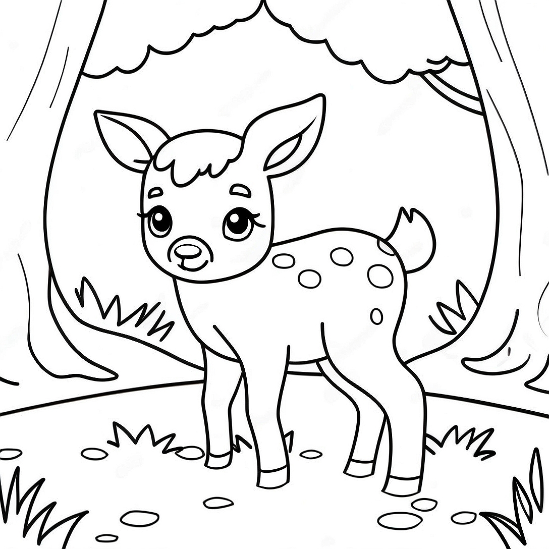 Cute Baby Deer in Forest Coloring Page | Baby Deer coloring page