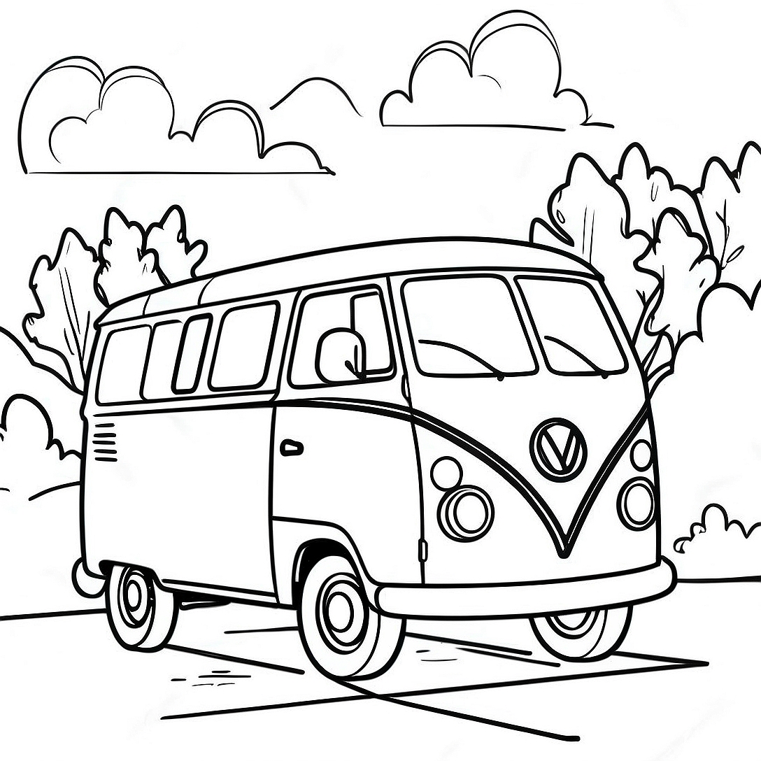 Colorful Van on a Road Coloring Page | Van coloring page