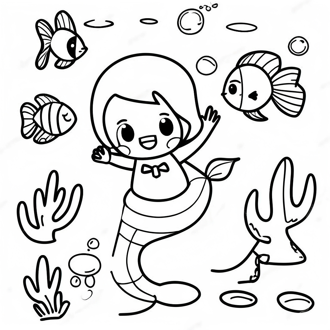 Adventurous Boy Mermaid Exploring Coral Reefs Coloring Page | Boy Mermaid coloring page