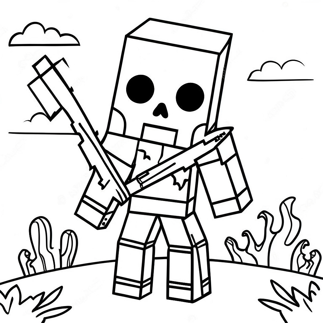 Creepy Minecraft Skeleton with Bow Coloring Page | Minecraft Skeleton coloring page