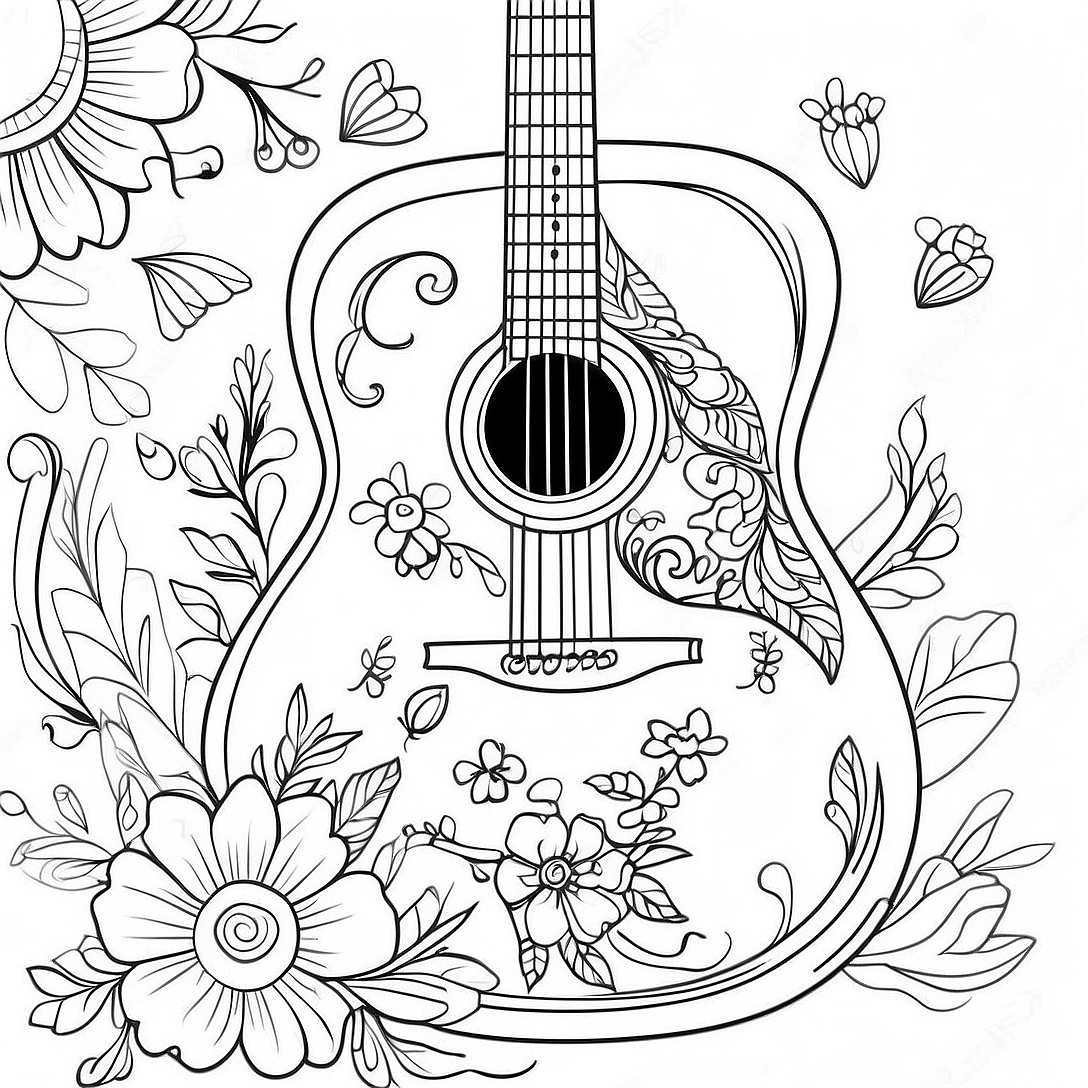 Acoustic Guitar with Flowers Coloring Page | Guitar coloring page