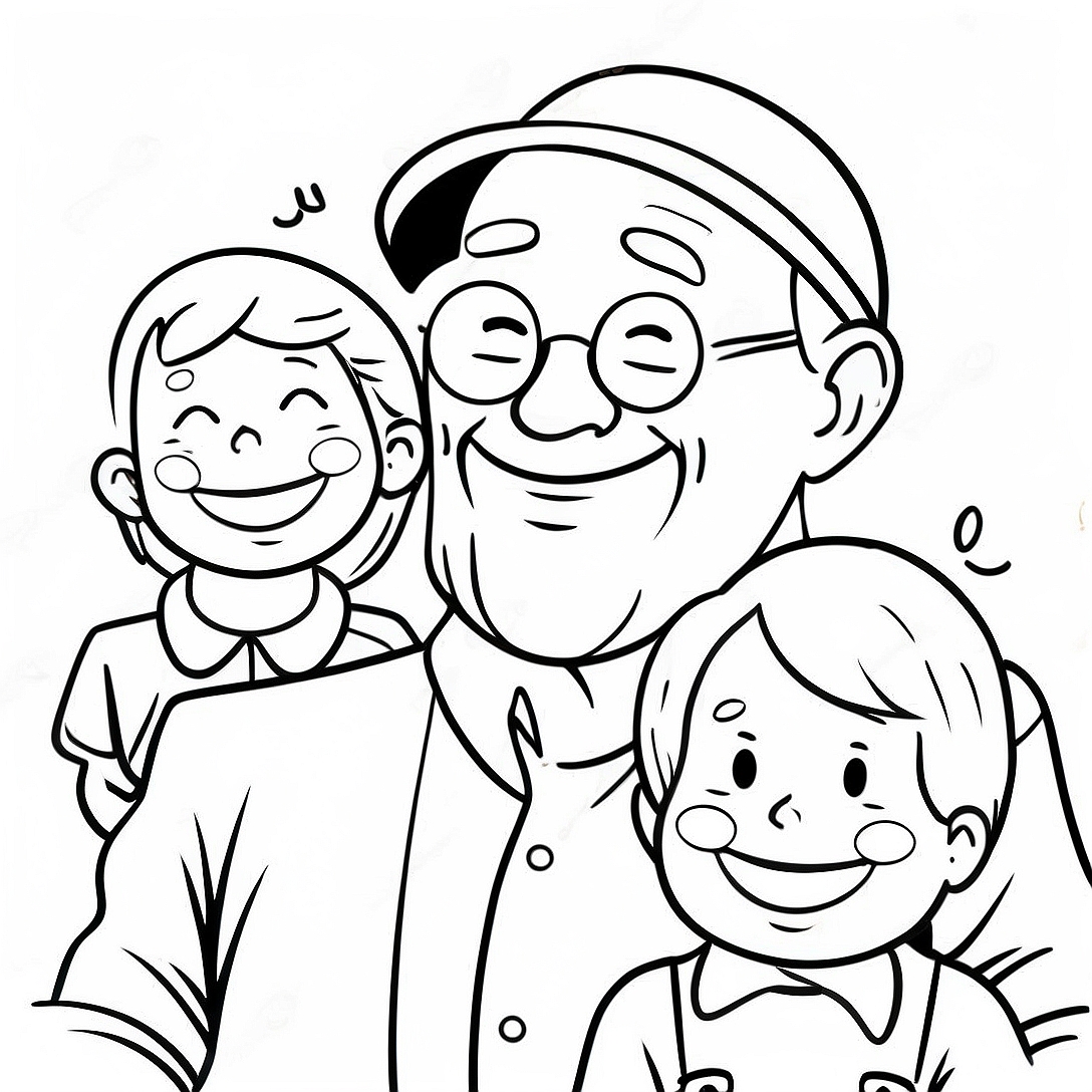 Cheerful Grandfather with Grandkids Coloring Page | Grandfather Happy Fathers Day Grandpa coloring page