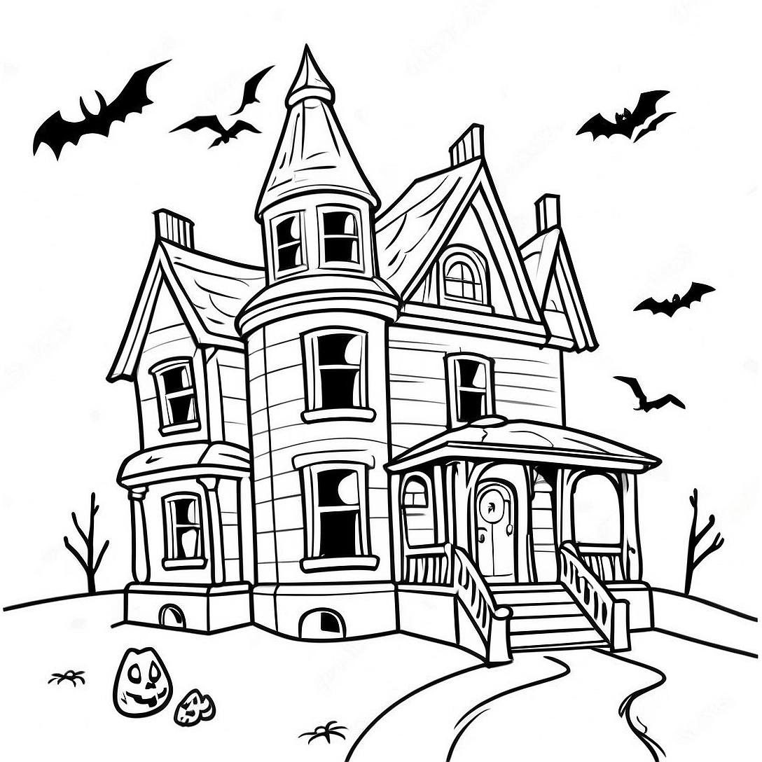 Spooky Haunted House Coloring Page | Adult Halloween coloring page