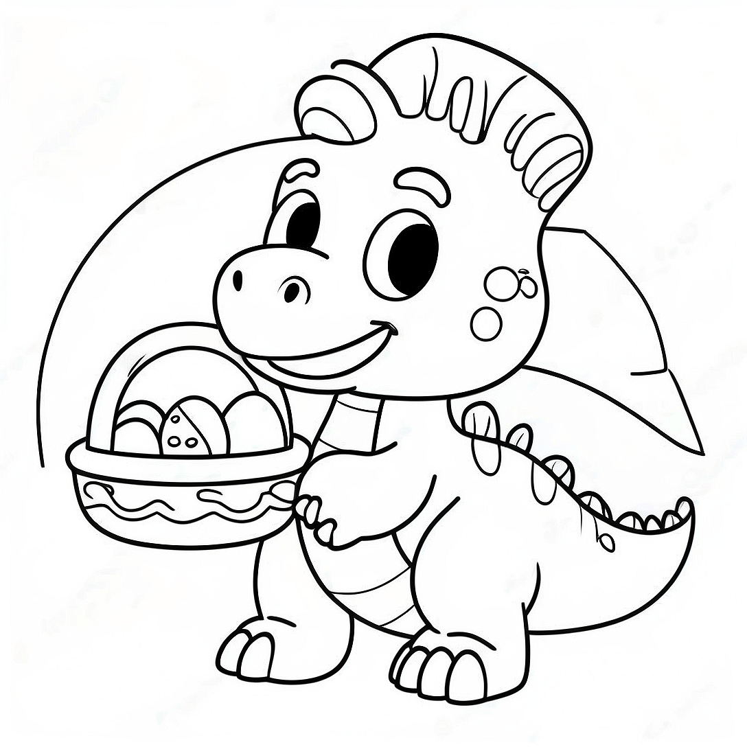 Cute Baby Dinosaur with Easter Basket Coloring Page | Dinosaur Easter coloring page