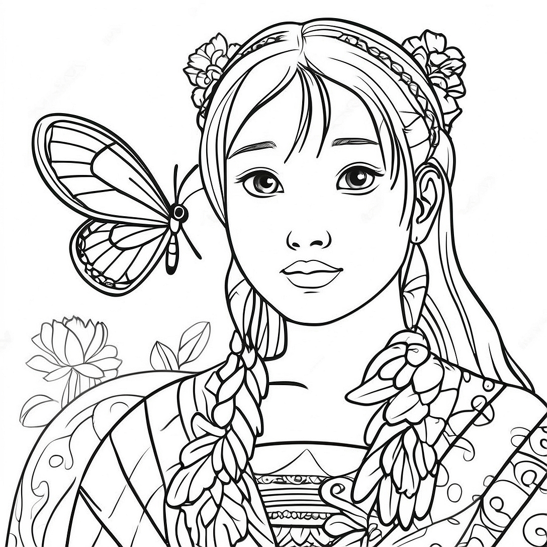 Kanao with Butterfly Coloring Page | Kanao coloring page