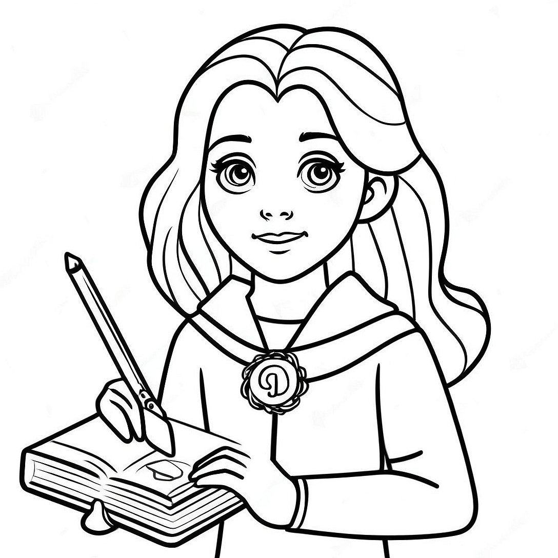 Hermione with Wand and Spellbook Coloring Page | Hermione Realistic Harry Potter coloring page