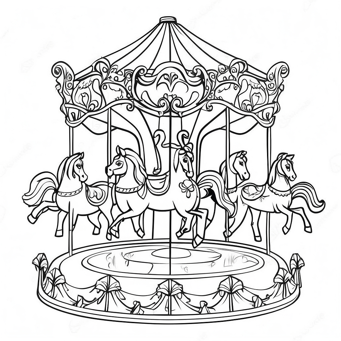 Colorful Carousel with Horses Coloring Page | Carousel coloring page