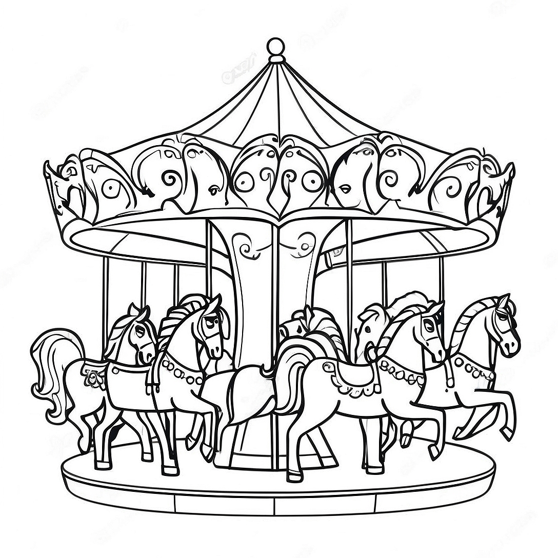 Colorful Carousel with Horses Coloring Page | Carousel coloring page