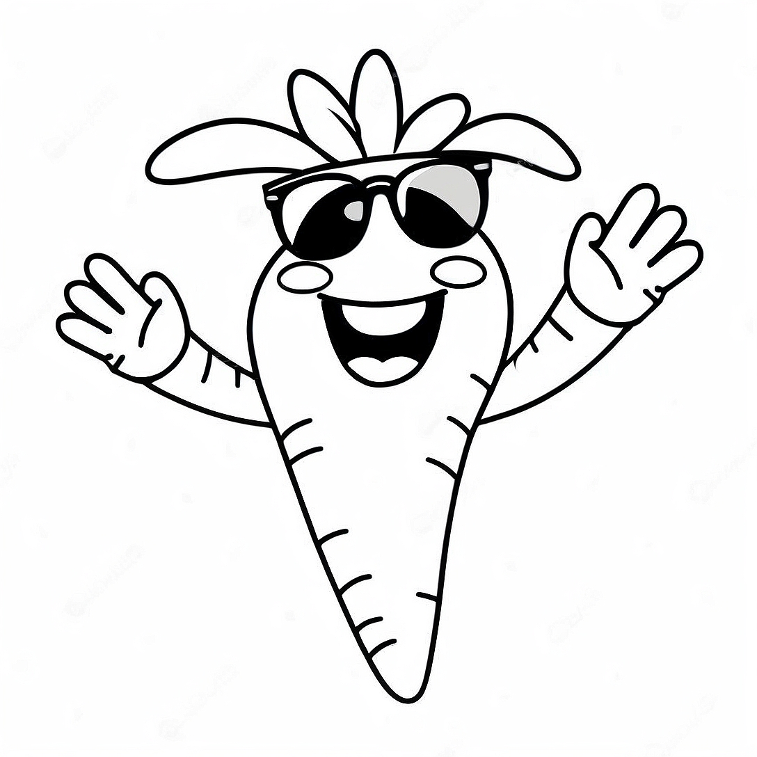 Happy Carrot with Sunglasses Coloring Page | Cute Vegetable coloring page