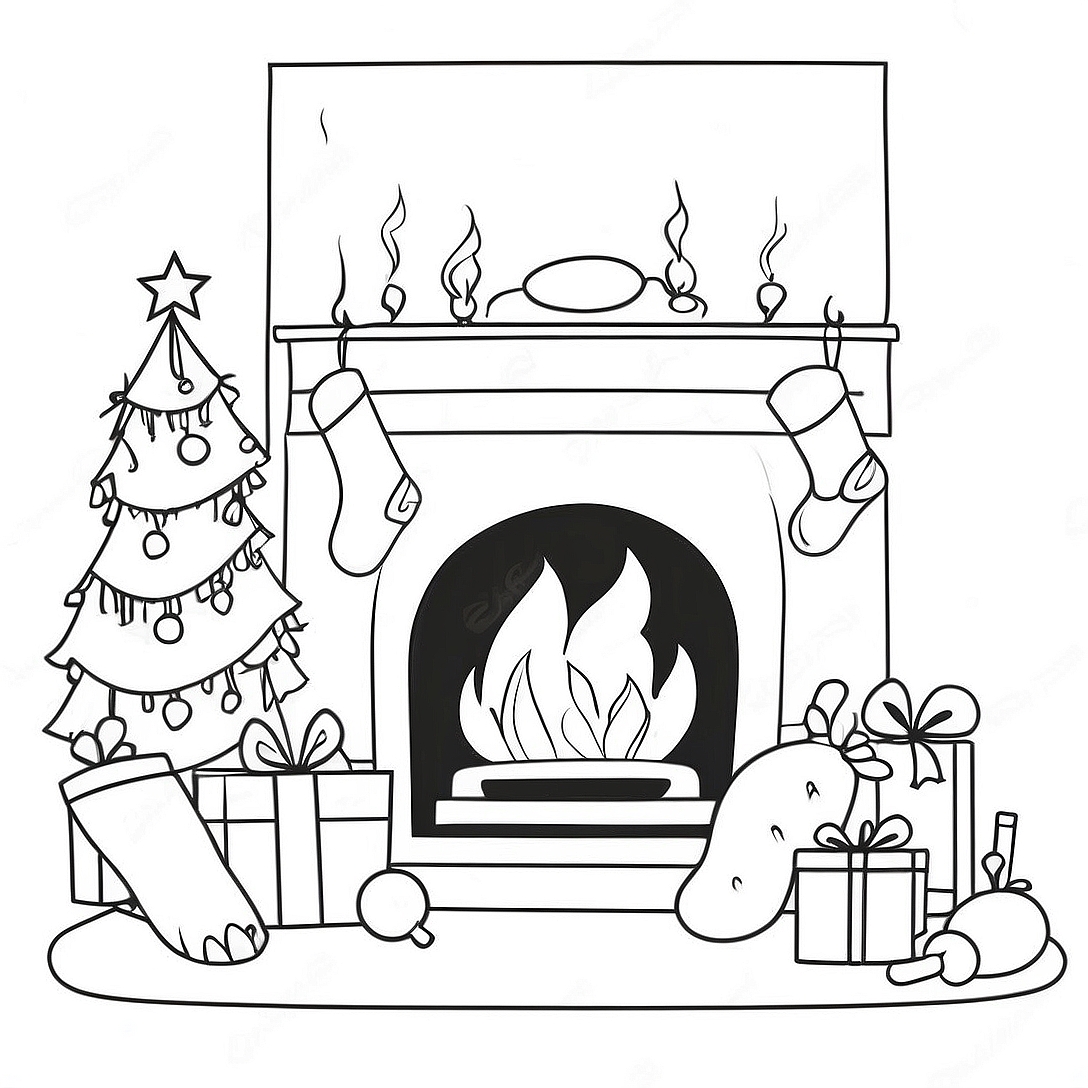 Festive Fireplace with Stockings Coloring Page | Christmas Fireplace coloring page