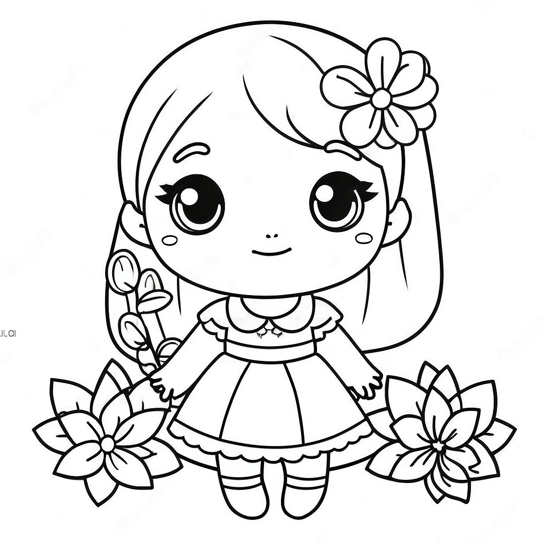 Cute Chibi Girl in a Flower Dress Coloring Page | Chibi Girl coloring page