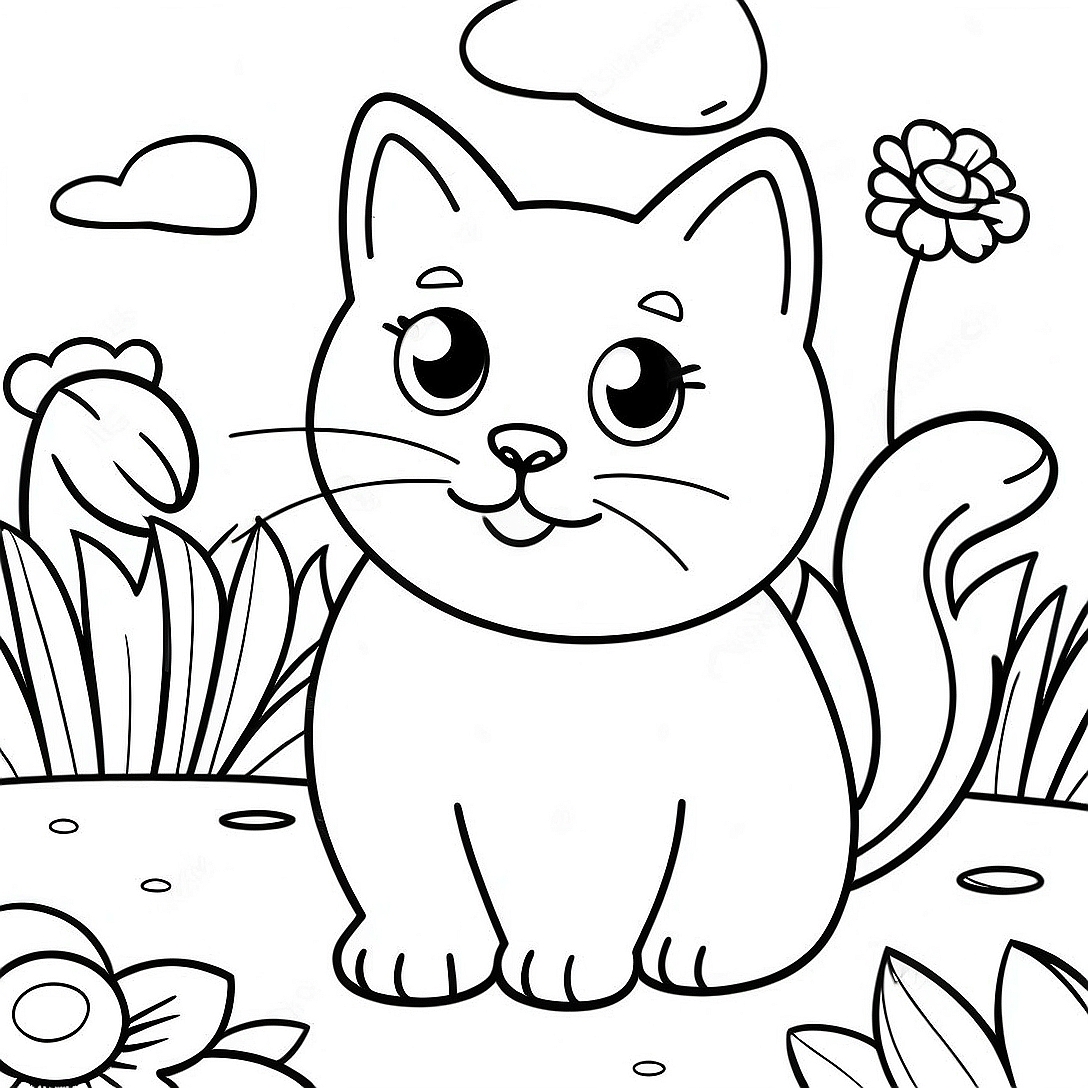 Playful Calico Cat in Garden Coloring Page | Calico Cat coloring page