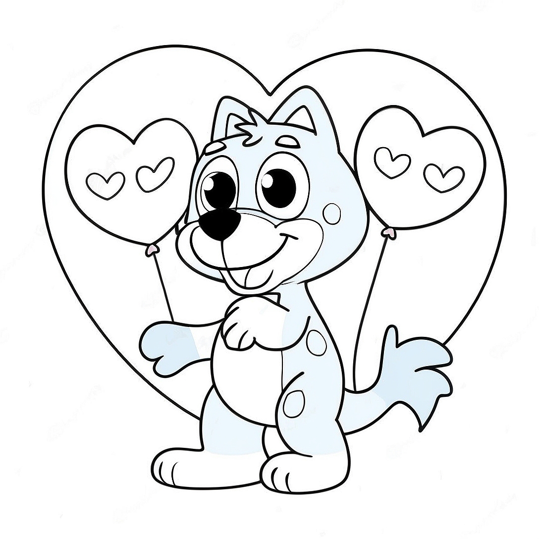 Bluey with Heart Balloons Coloring Page | Bluey Valentine's Day coloring page