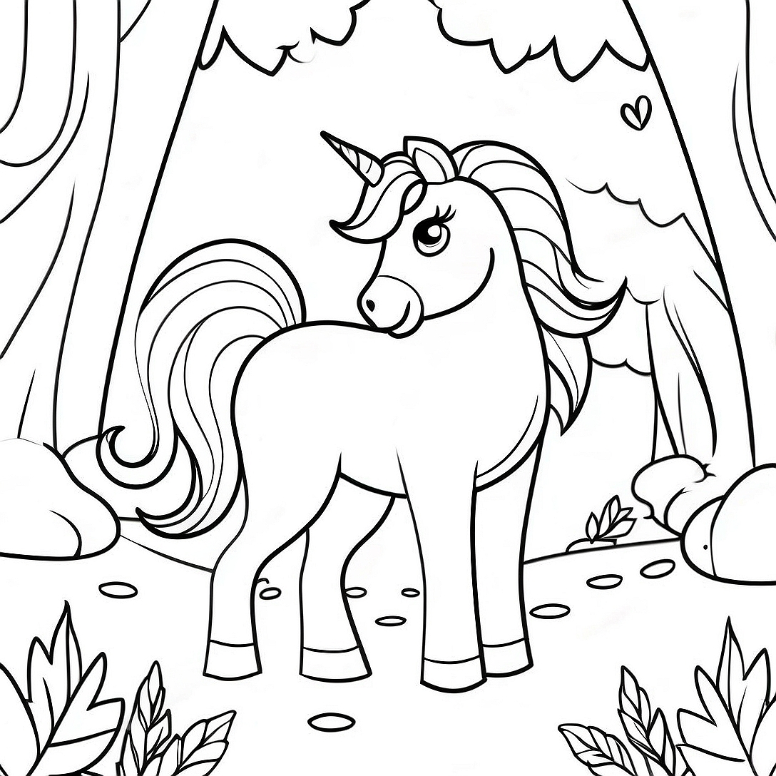 Majestic Unicorn in a Magical Forest Coloring Page | Unicorn for Adults coloring page